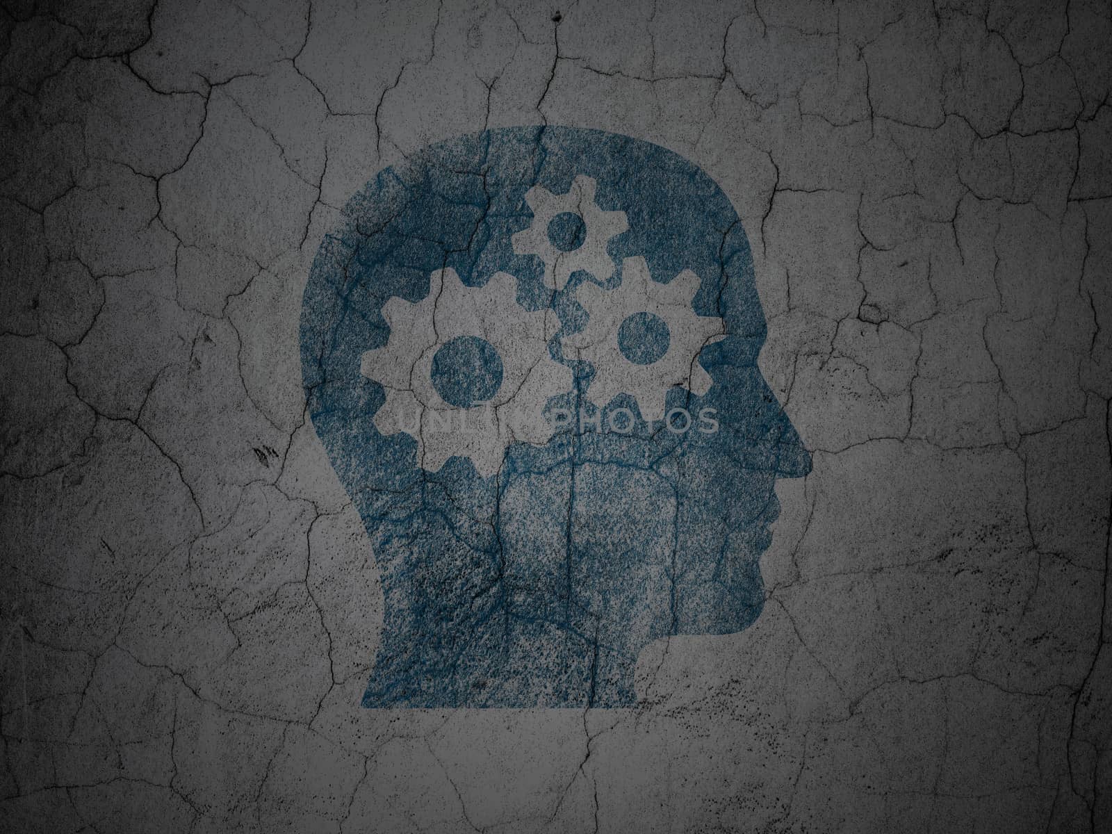 Education concept: Blue Head With Gears on grunge textured concrete wall background, 3d render