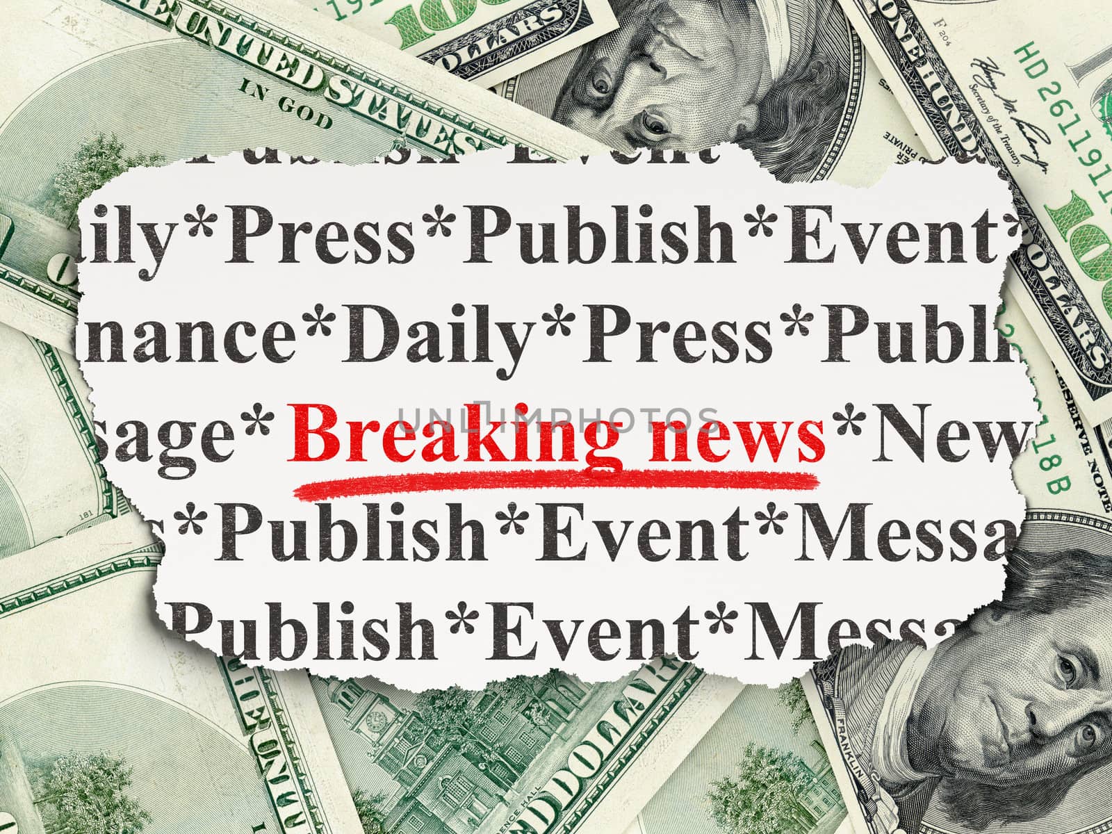 News concept: torn newspaper with words Breaking News on Money background, 3d render