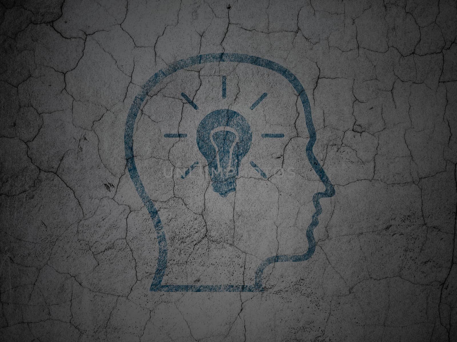 Marketing concept: Blue Head With Lightbulb on grunge textured concrete wall background, 3d render
