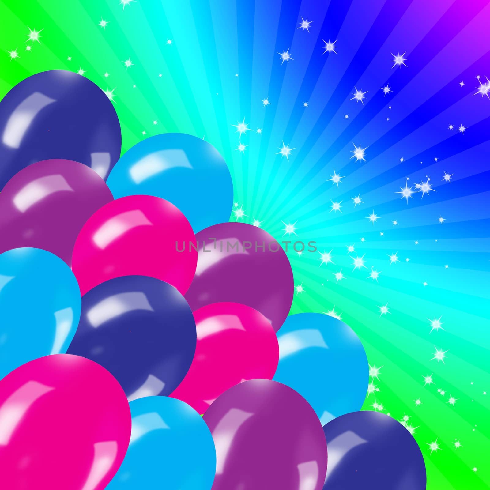 Rainbow Holiday's background with balloons and rays