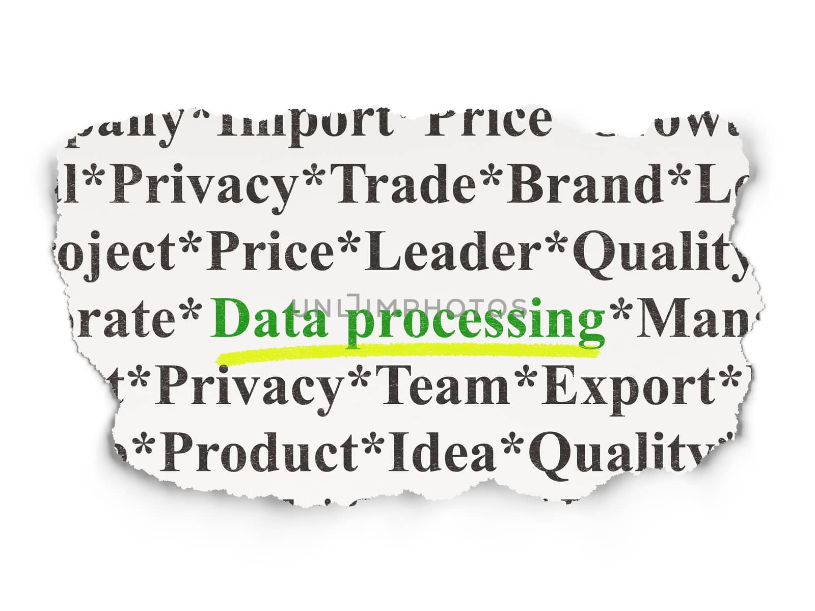 Data concept: torn newspaper with words Data Processing on Paper background, 3d render