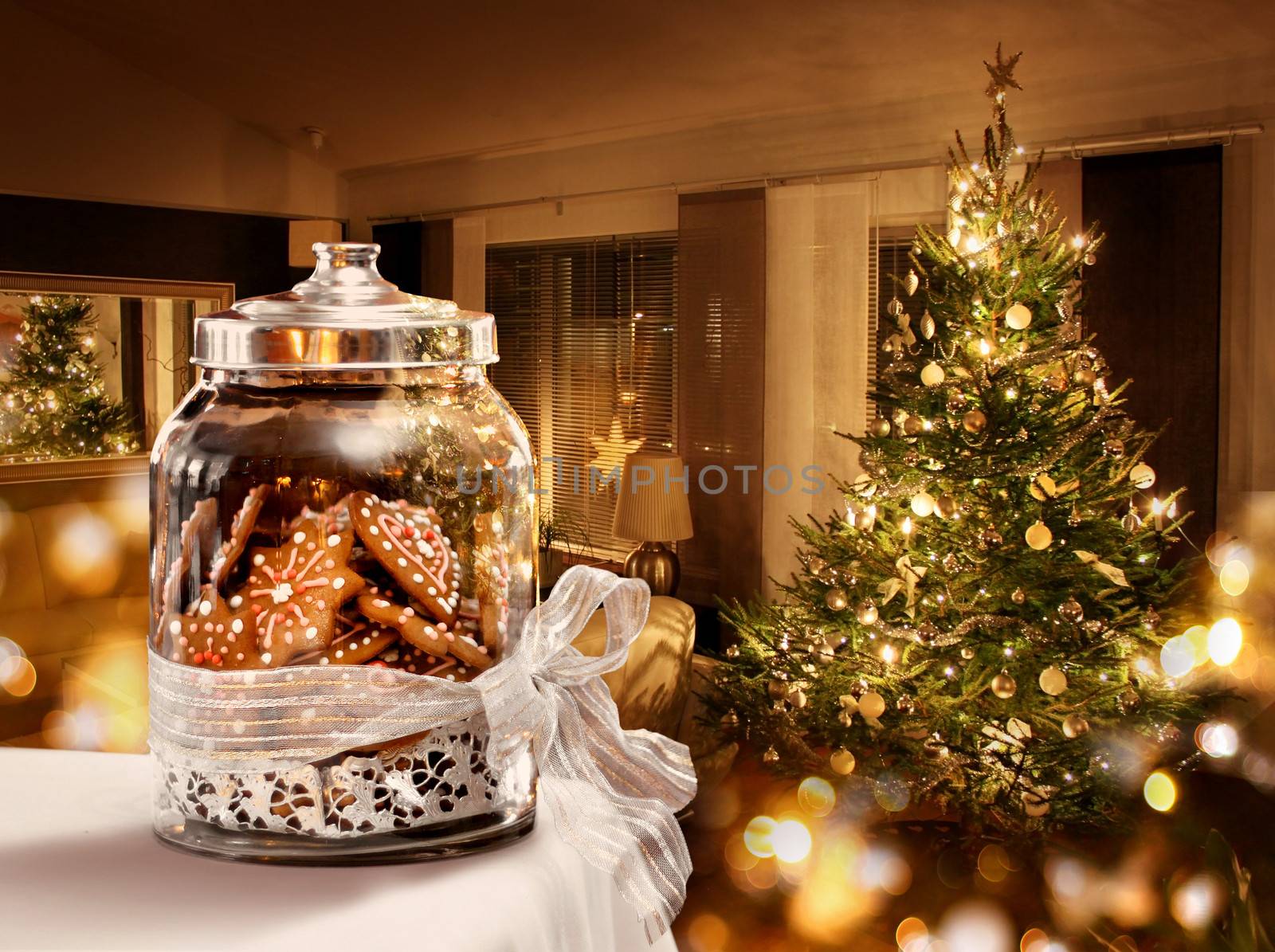 Gingerbread cookies jar Christmas tree room background