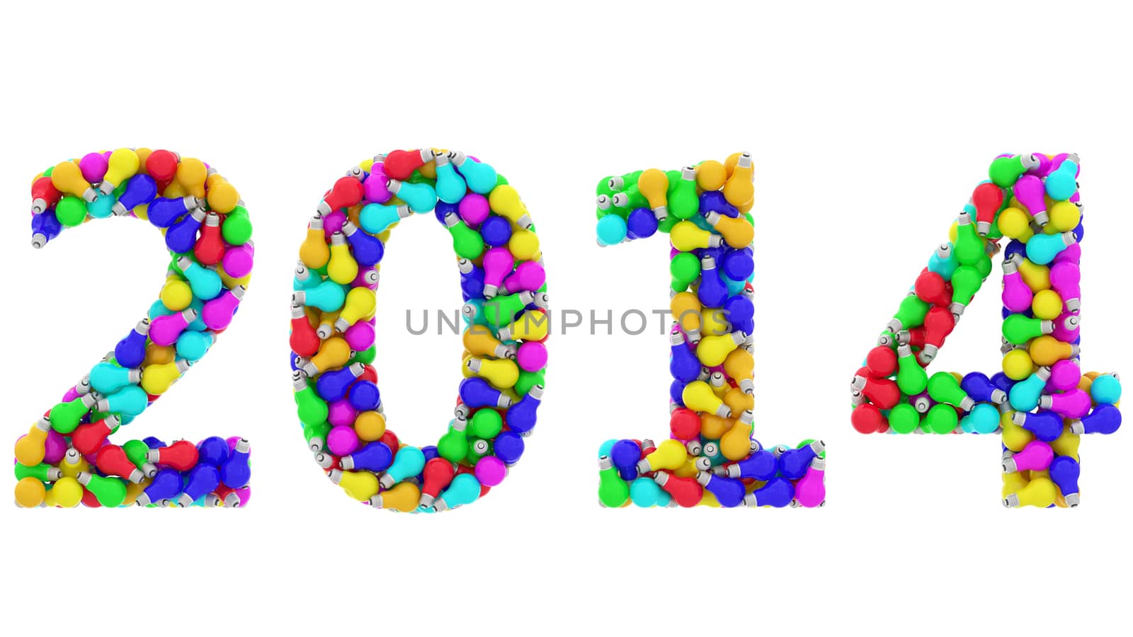 2014 digits composed of colorful lightbulbs isolated on white background. High resolution 3D image