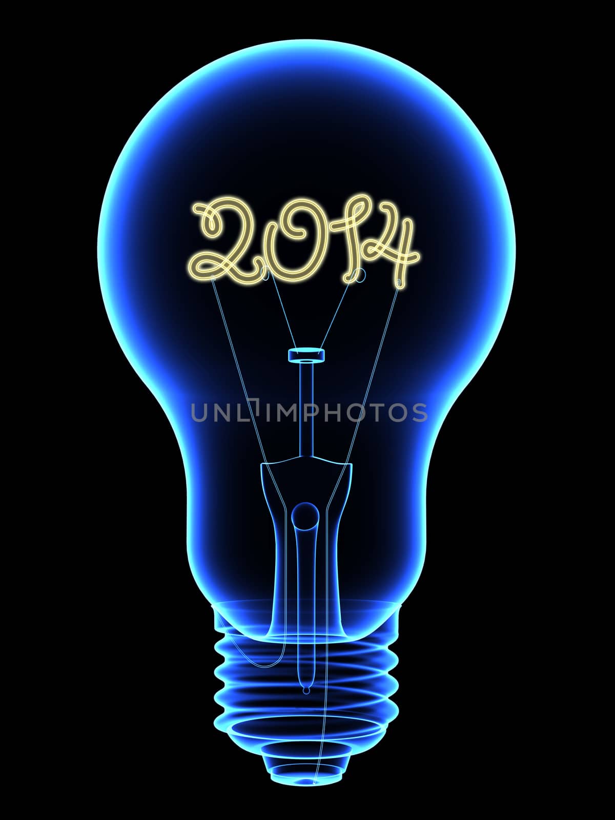 X-Ray lightbulb with sparkling 2014 digits inside isolated on black. High resolution 3D image