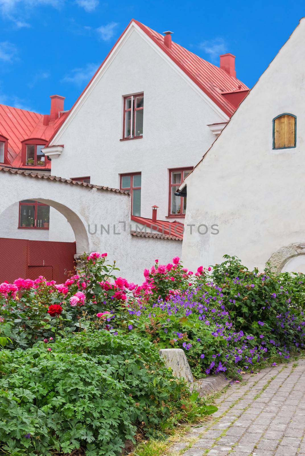 White houses and garden in Visby, the capital of Gotland, Sweden.