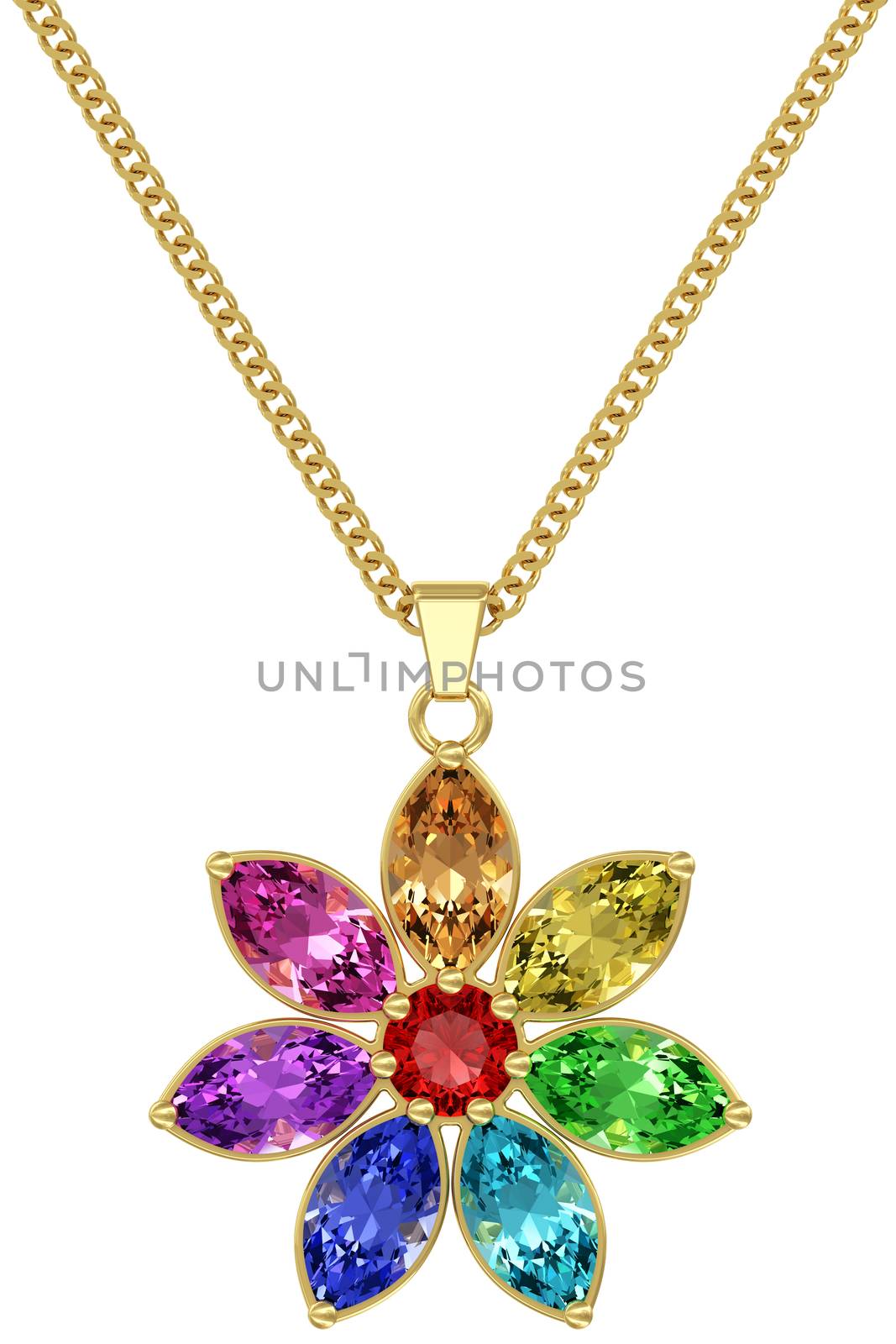 Gold pendant with colorful gemstones on chain isolated on white background. High resolution 3D image