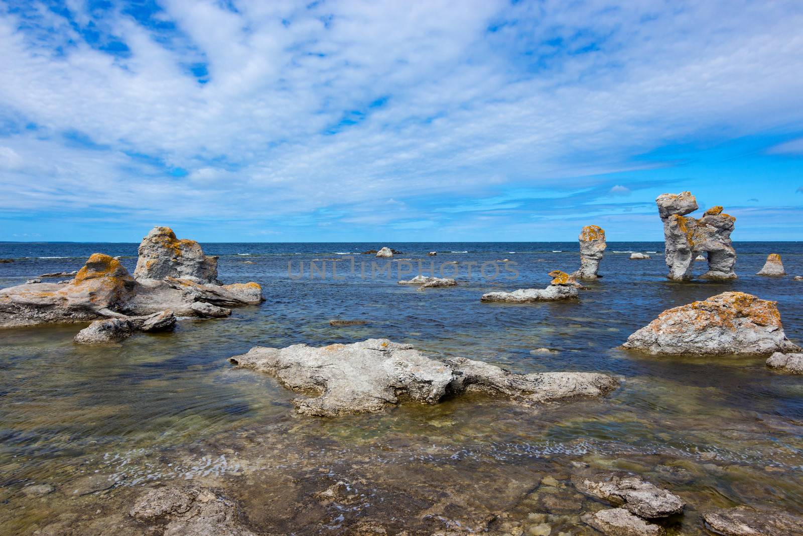 Rocky coastline, Fårö island in Gotland, Sweden. These cliffs are locally known as  "raukar".