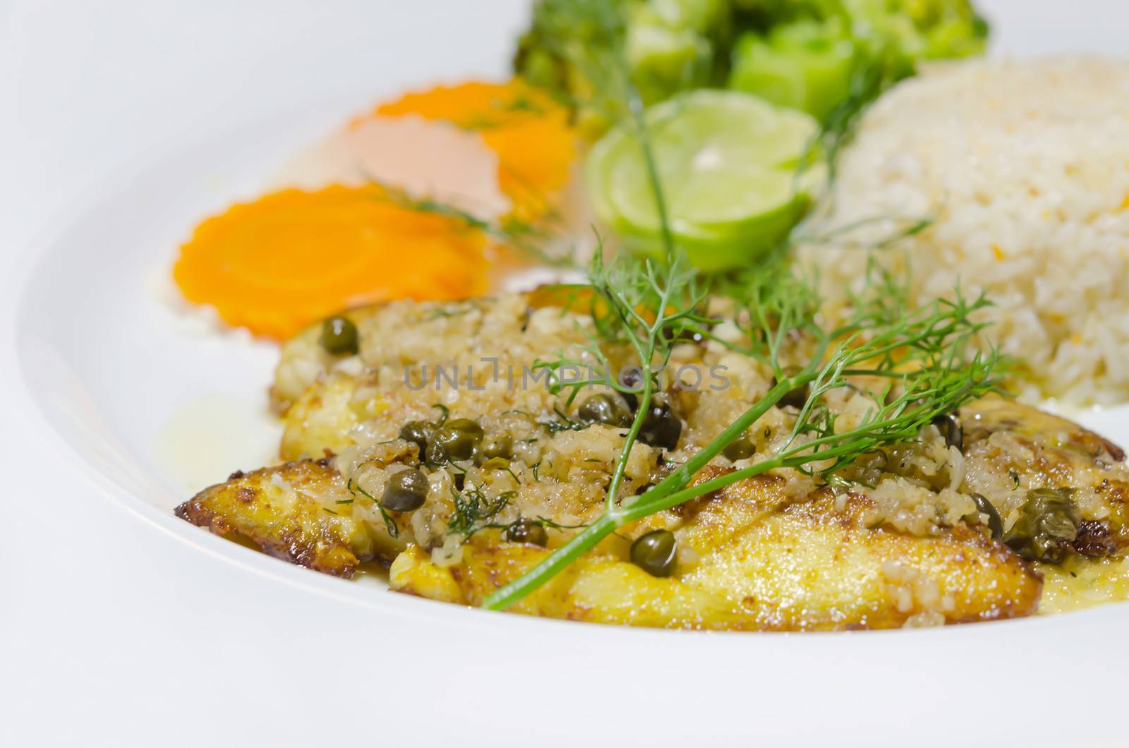 close up fish steak served with  vegetable and fried rice on white dish
