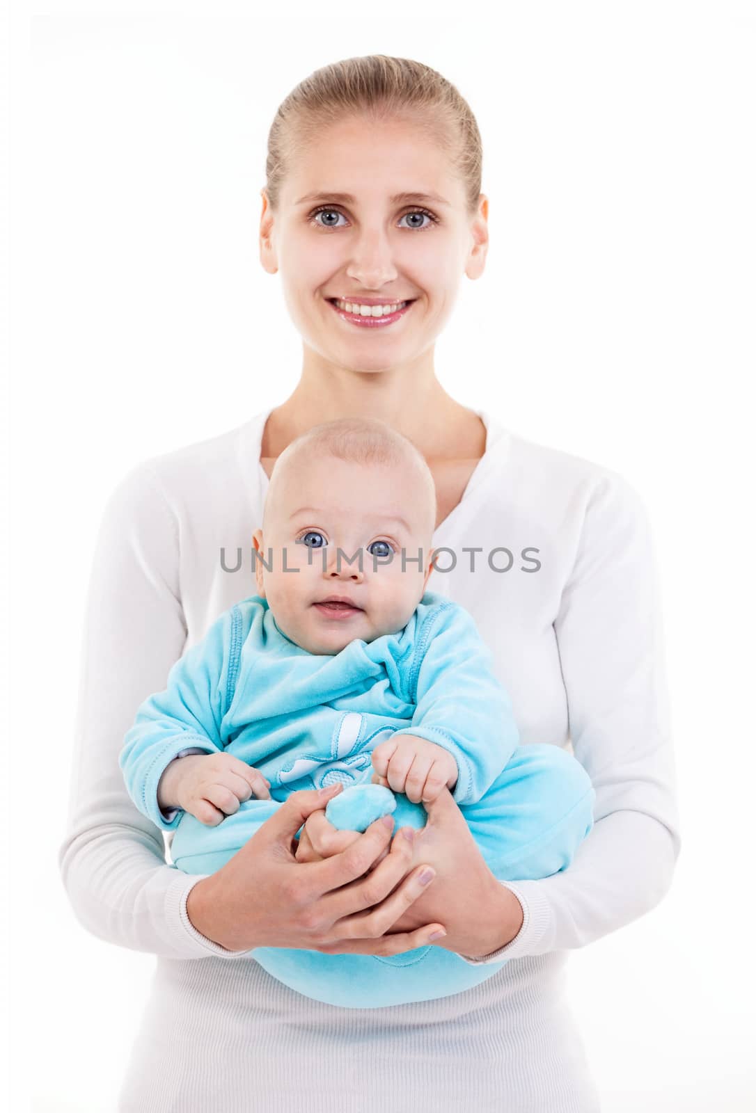 Happy young Caucasian woman and her baby son over white background