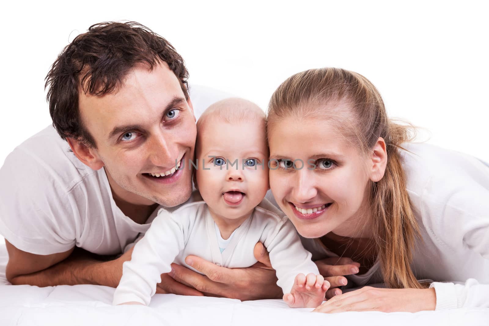 Closeup of young family with baby boy against white background