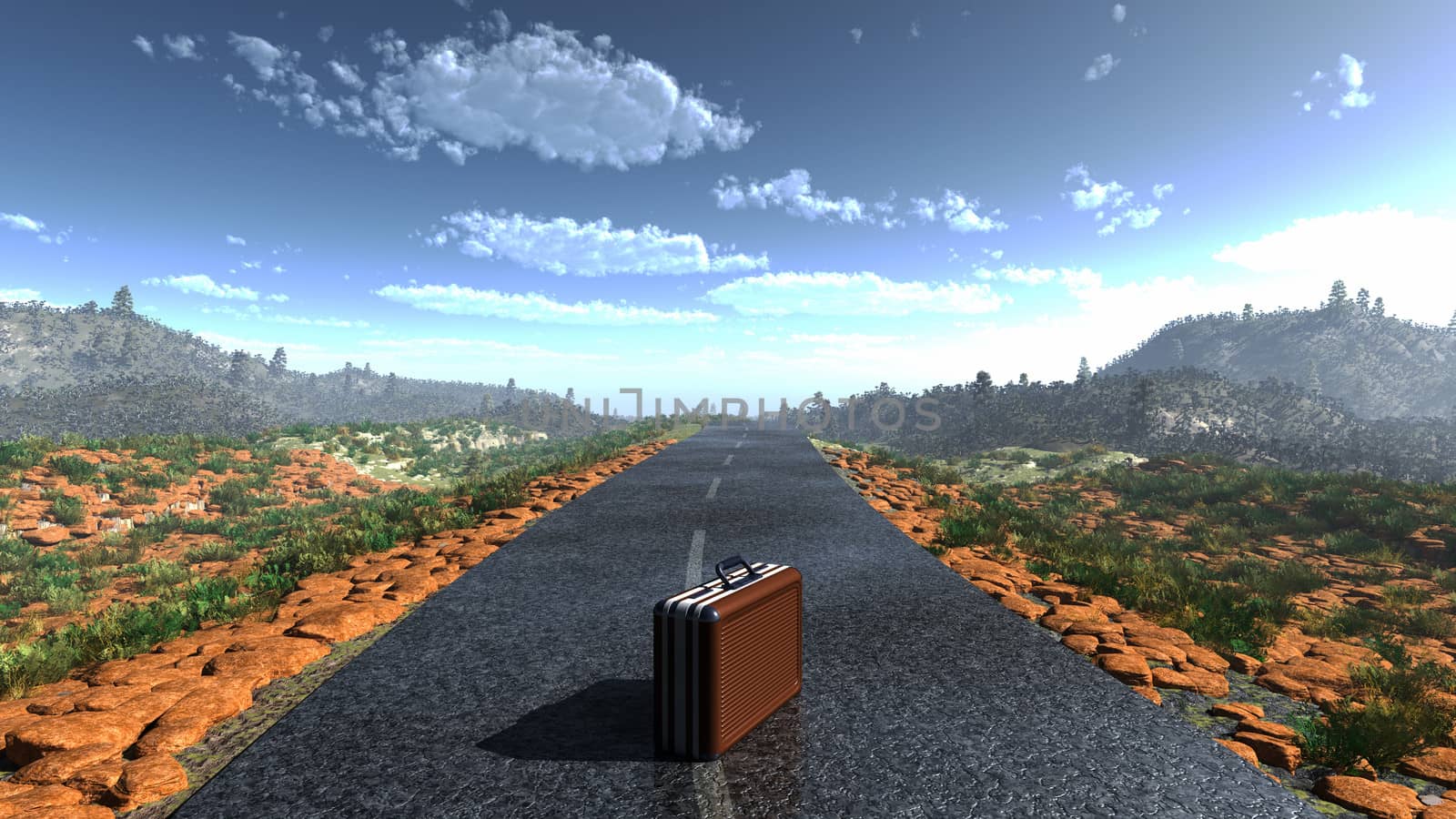 suitcase on a deserted road as adventure concept background