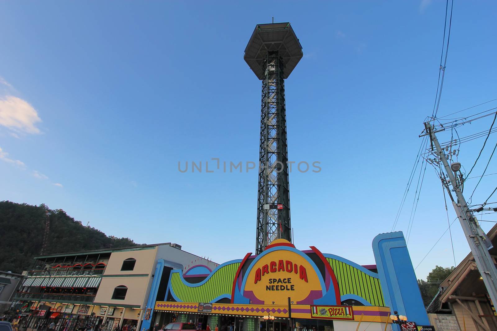 GATLINBURG, TENNESSEE - OCTOBER 5: Arcadia and Space Needle in Gatlinburg, Tennessee, October 5, 2013. Gatlinburg is a major tourist destination and gateway to the Great Smoky Mountains National Park.