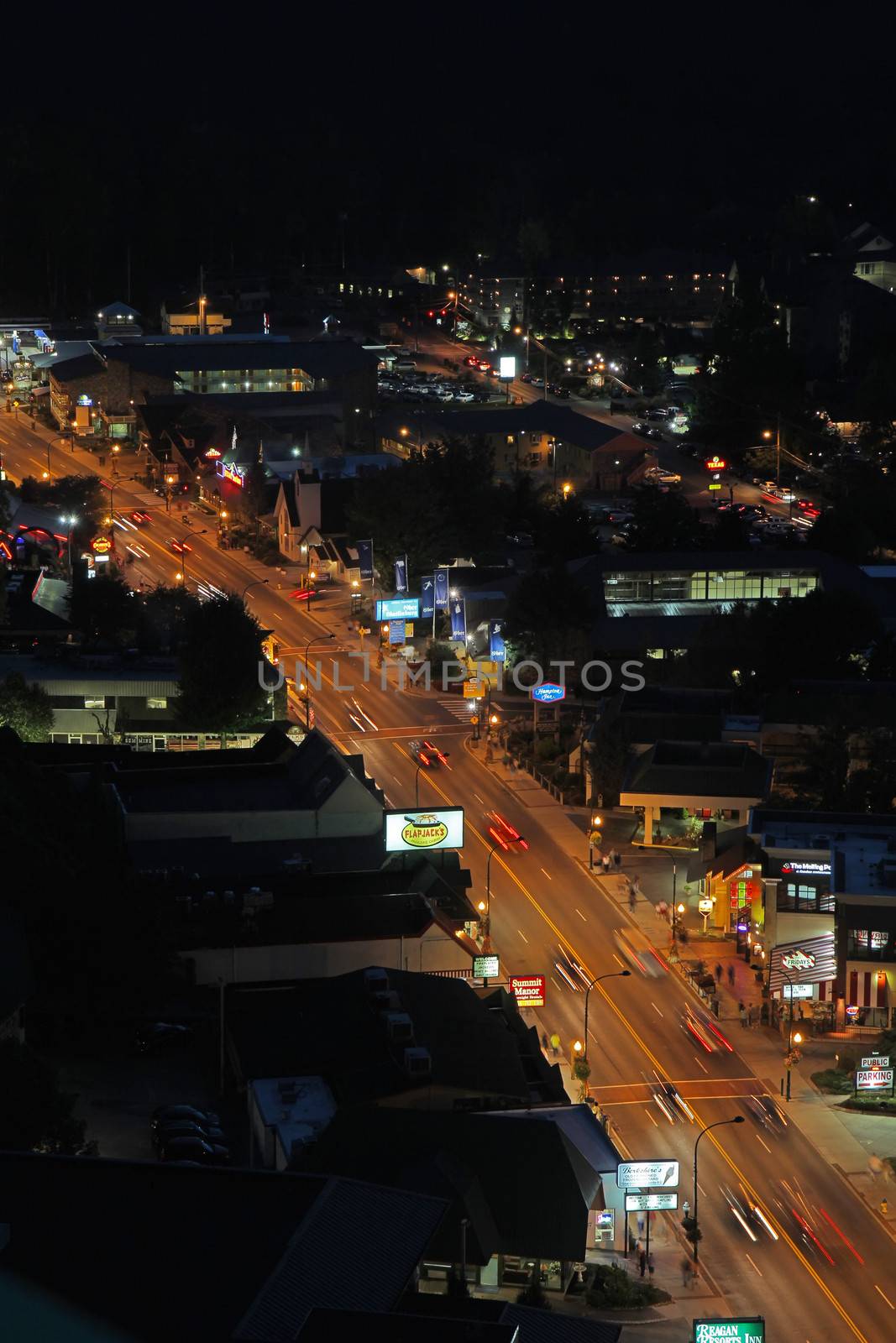 Aerial night view of the main road through Gatlinburg, Tennessee by sgoodwin4813