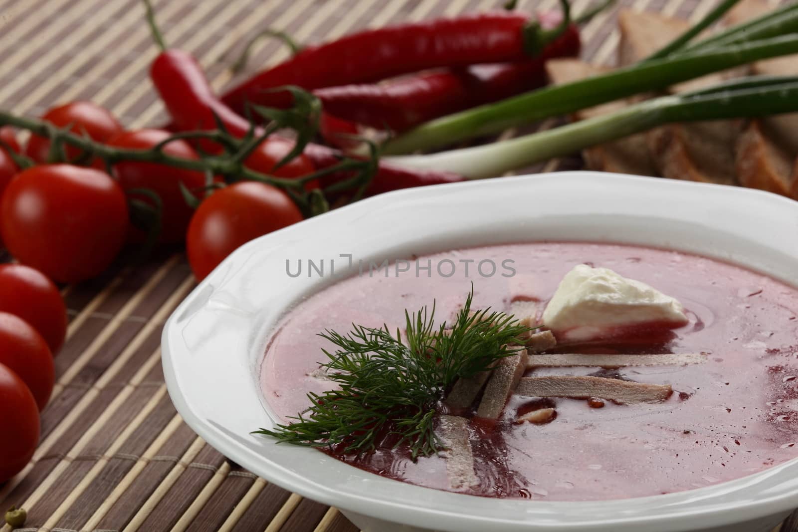 Cold and fresh soup with meat on the wooden table