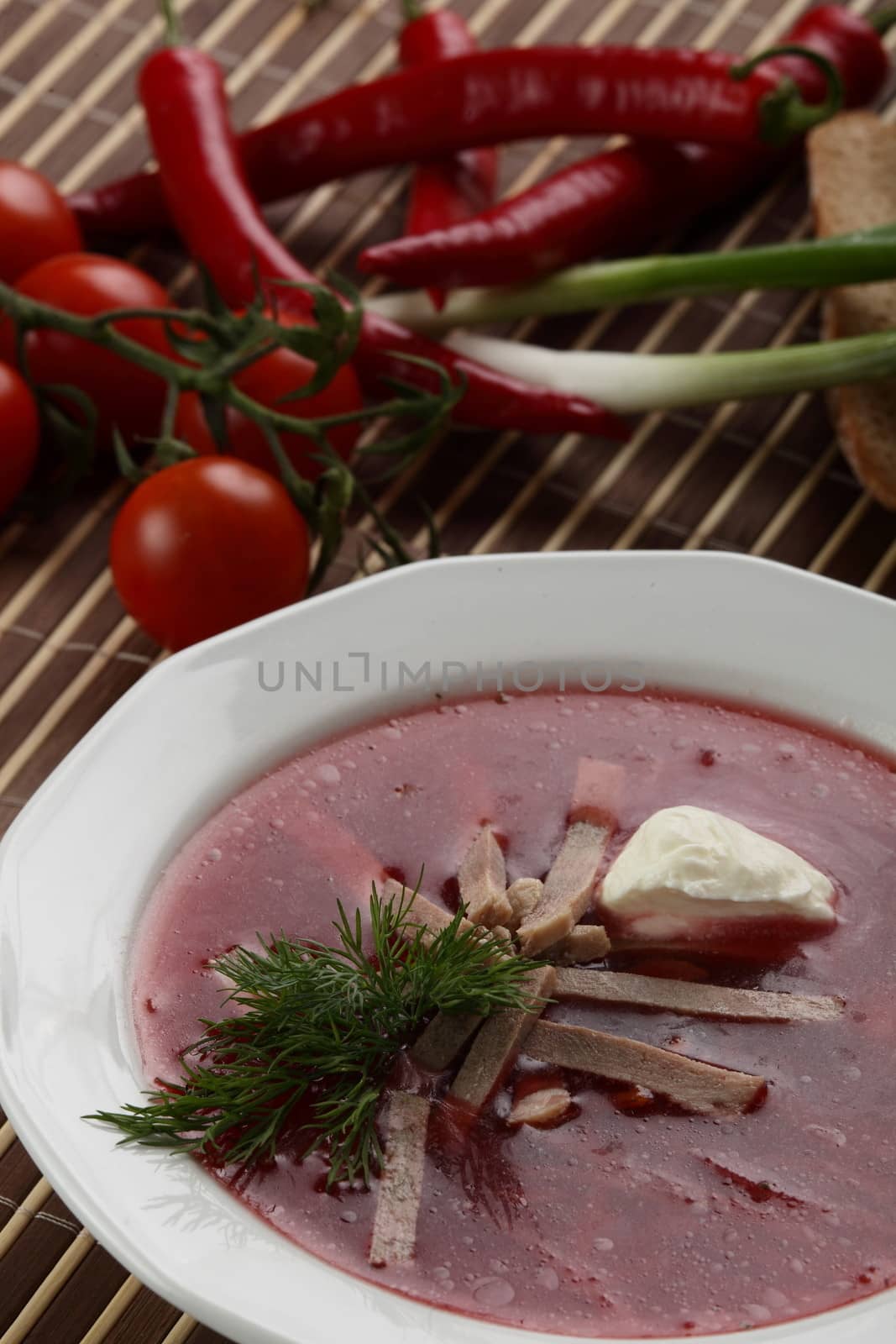 Cold and fresh soup with meat on the wooden table