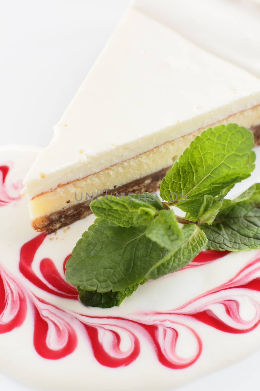 fresh and tasty cake on white dish and white background