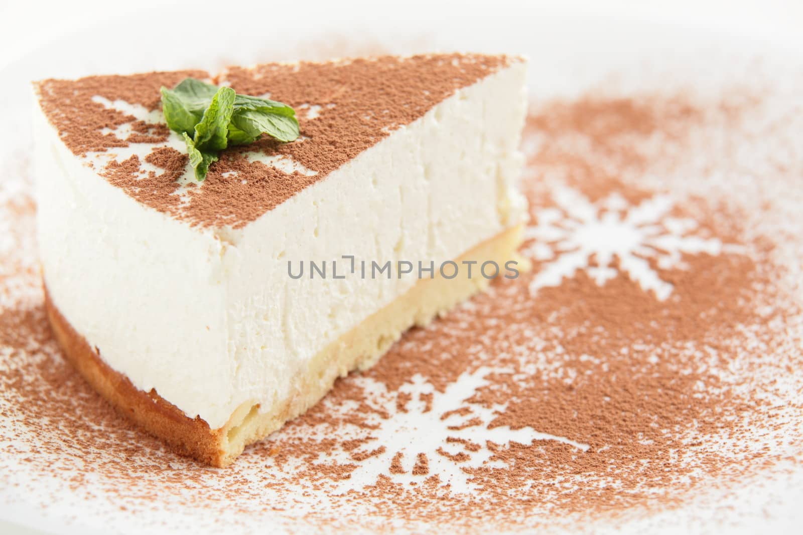 fresh and tasty cake on white dish and white background