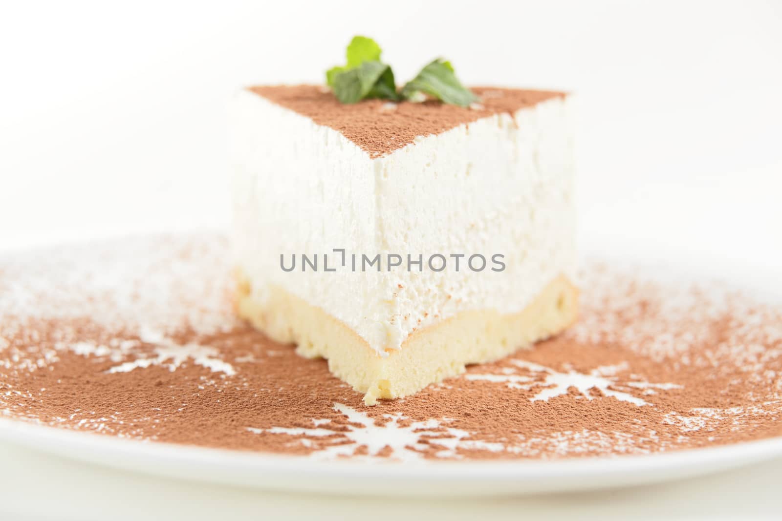 fresh and tasty cake on white dish and white background