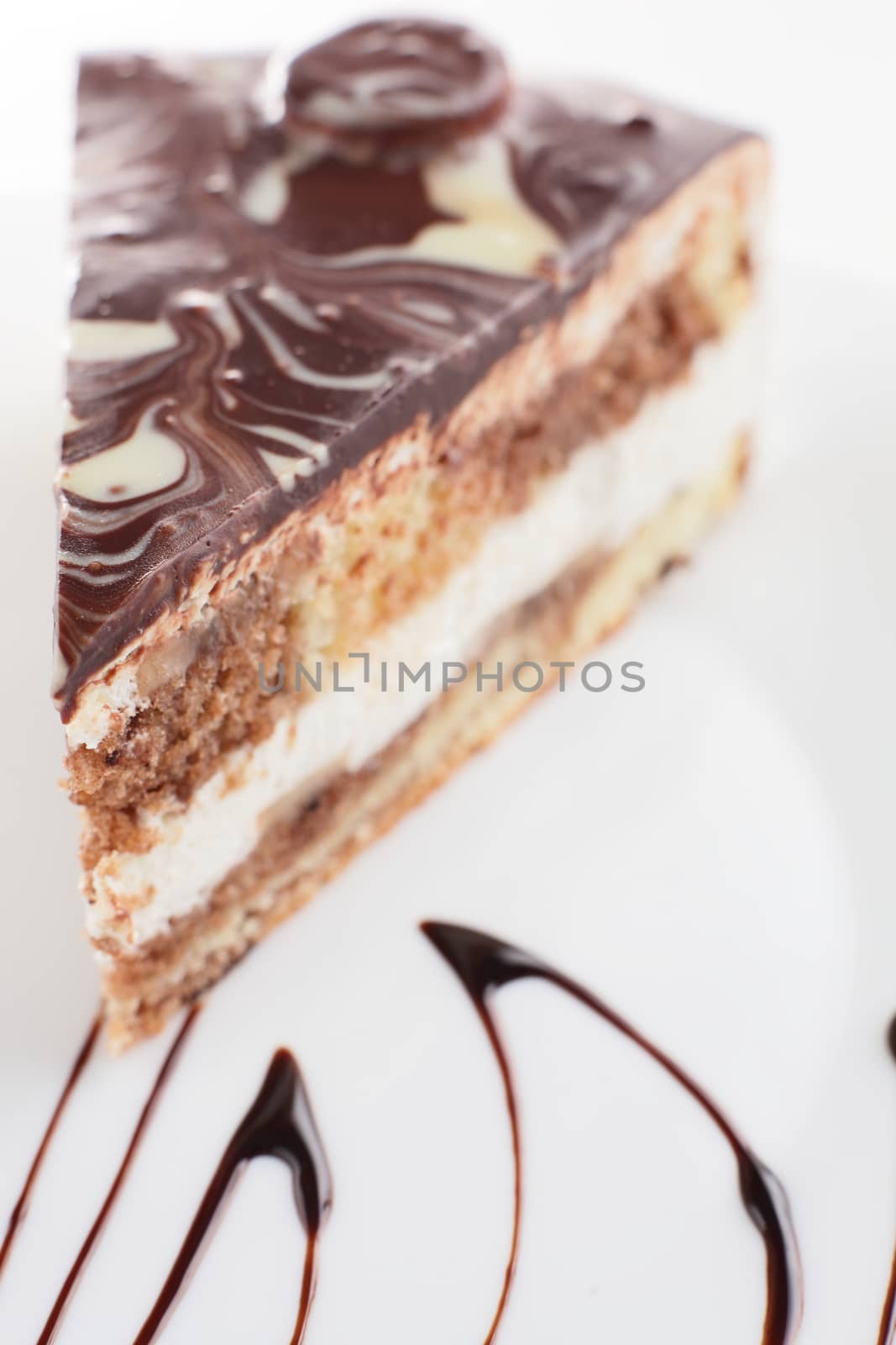 fresh and tasty cake on white dish and white background