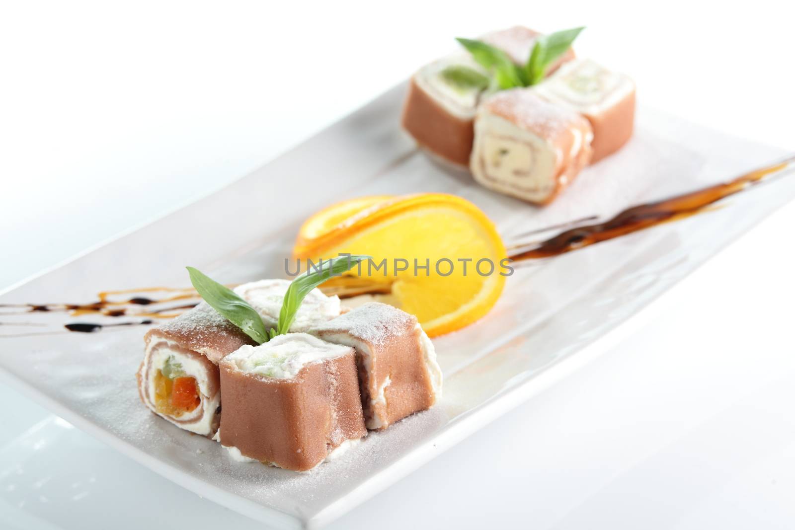 fresh and tasty sushi on bright background