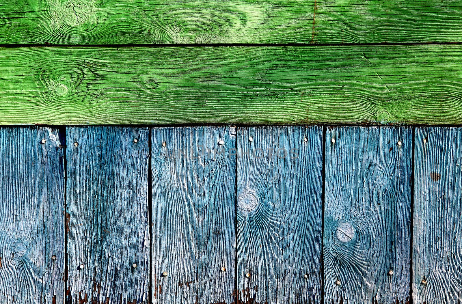 Green and Blue Old Wooden Planks with Weathered Paint