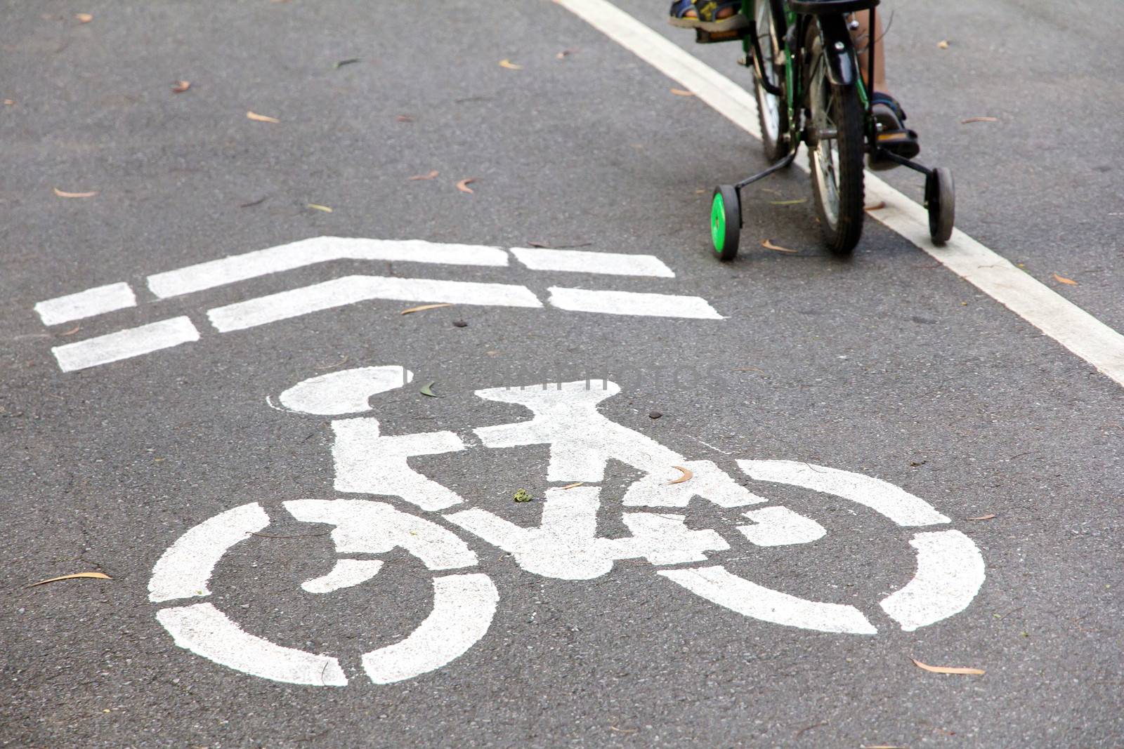 close up of Bike lane sign in the park