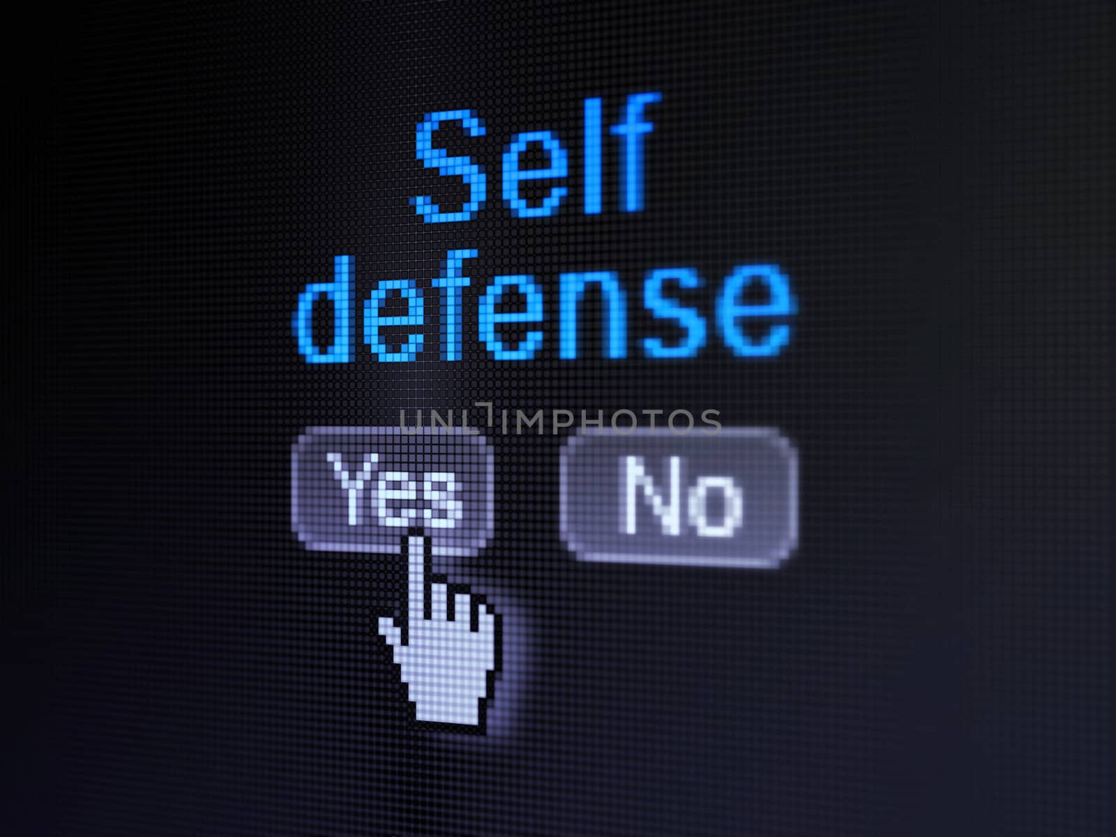 Protection concept: buttons yes and no with pixelated word Self Defense and Hand cursor on digital computer screen, selected focus 3d render