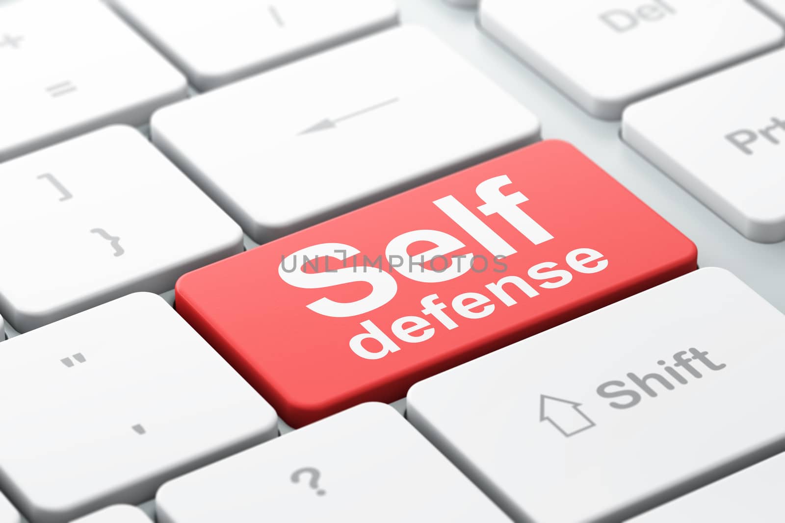 Safety concept: computer keyboard with word Self Defense, selected focus on enter button background, 3d render