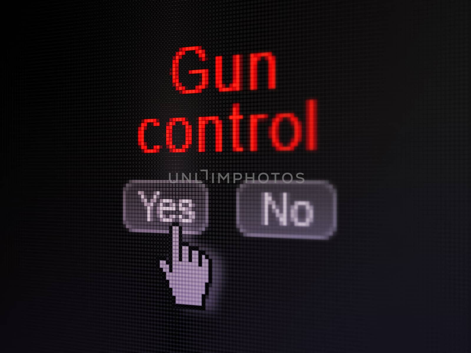 Safety concept: buttons yes and no with pixelated word Gun Control and Hand cursor on digital computer screen, selected focus 3d render