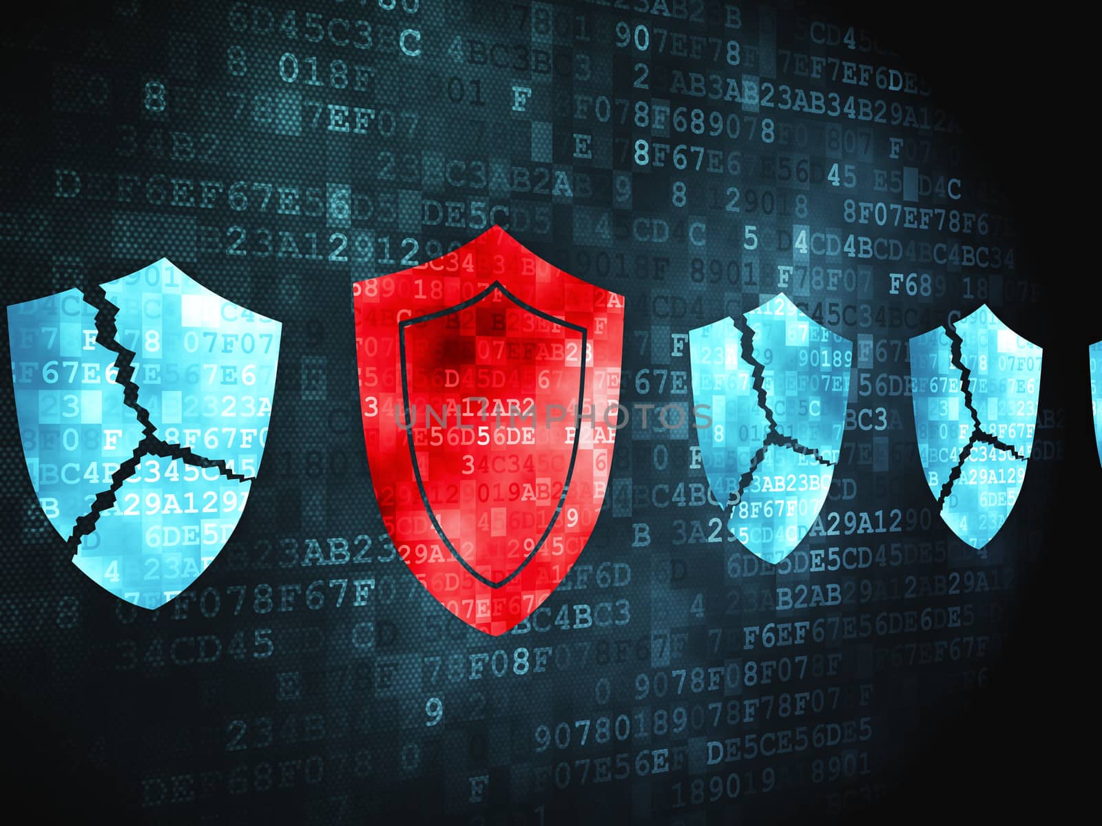 Protection concept: pixelated Shield icon on digital background, 3d render