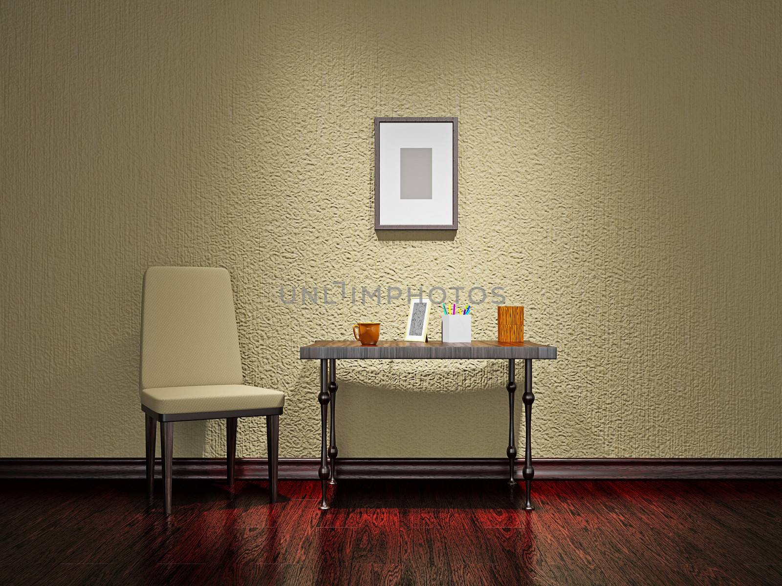 Chair and a table near a cement wall