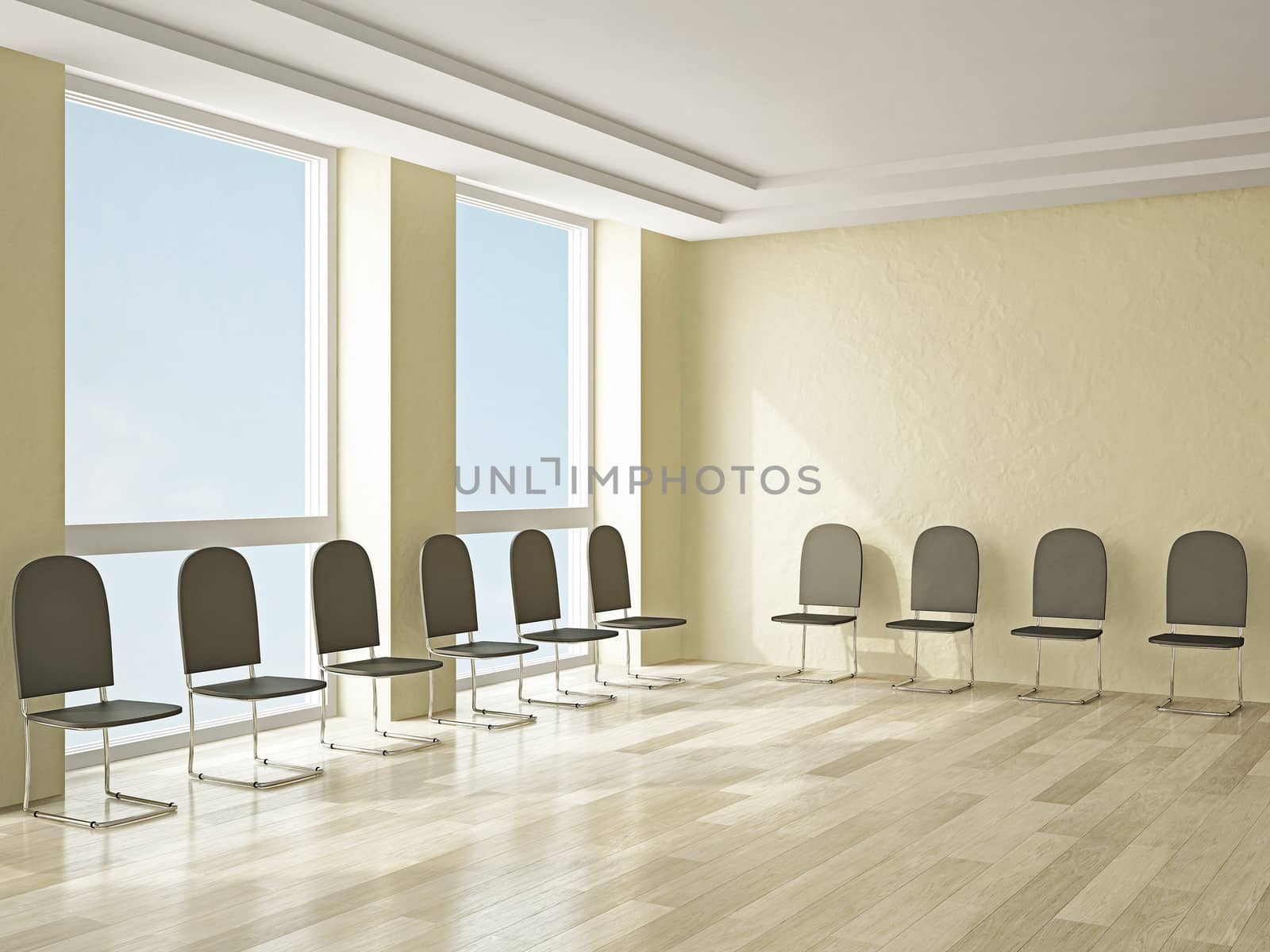 Reception with leather chairs near a wall