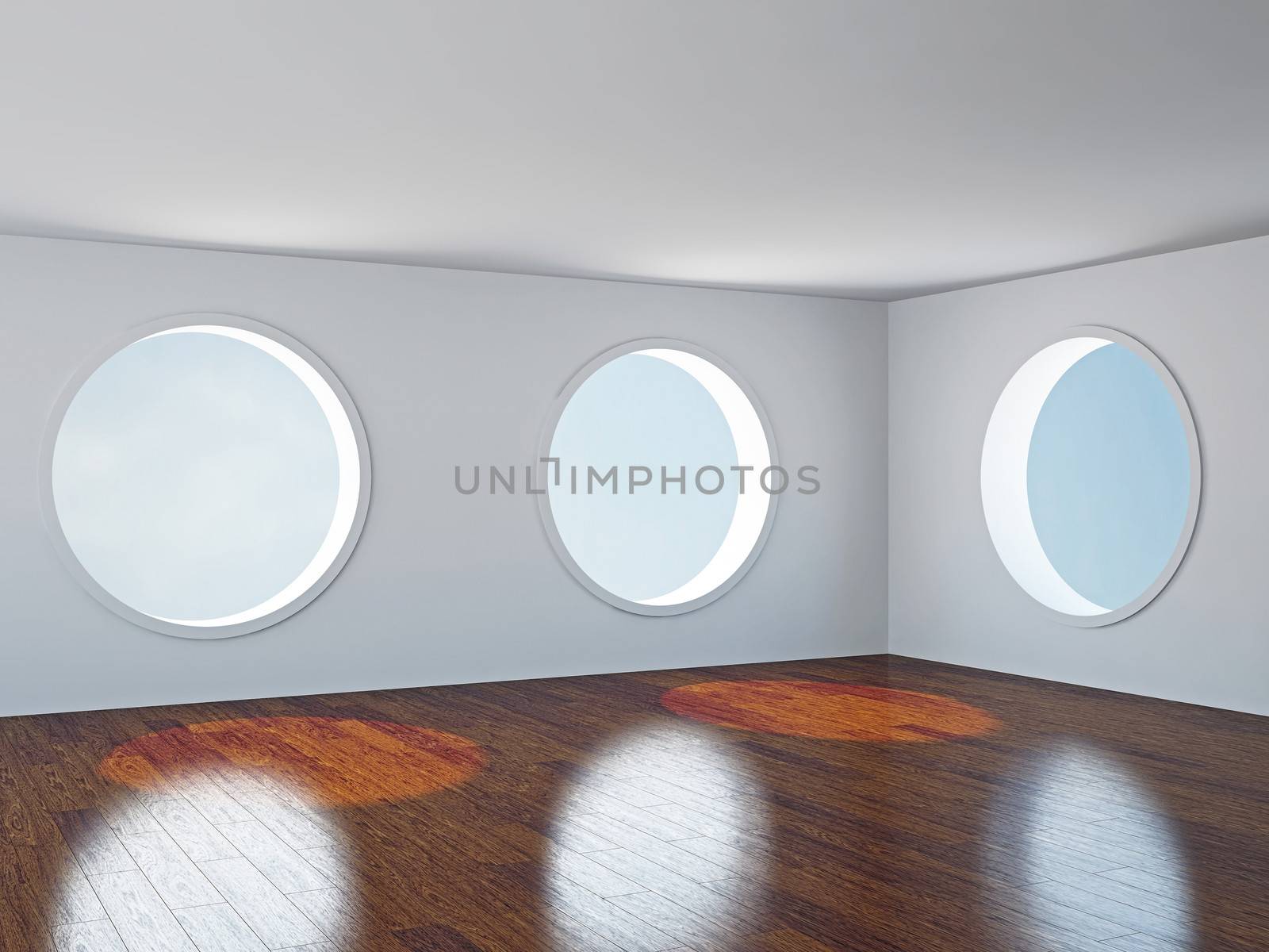 The empty room with big  round windows