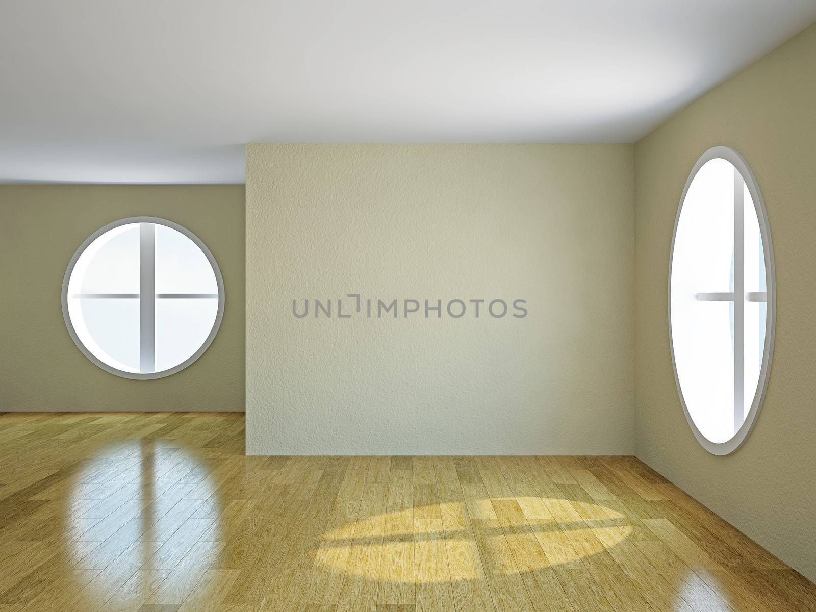 The empty room with big  round windows