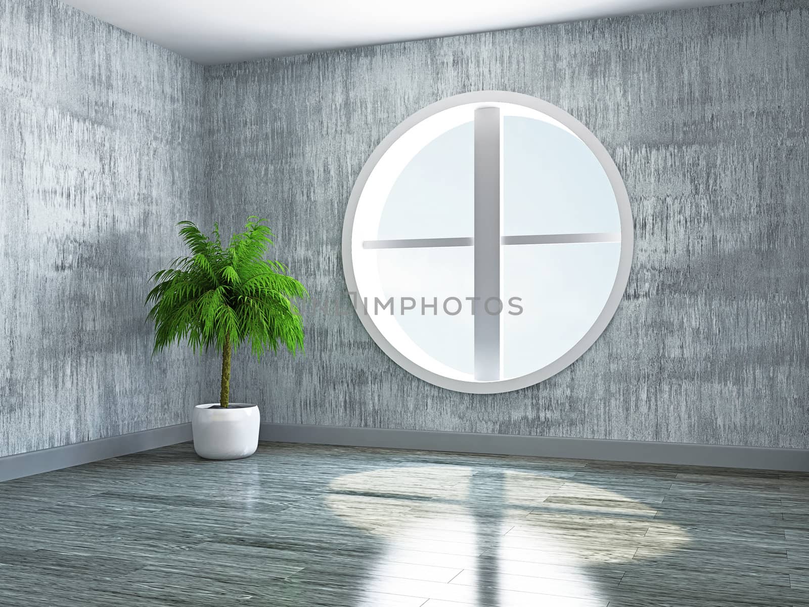 The empty room with big  round window