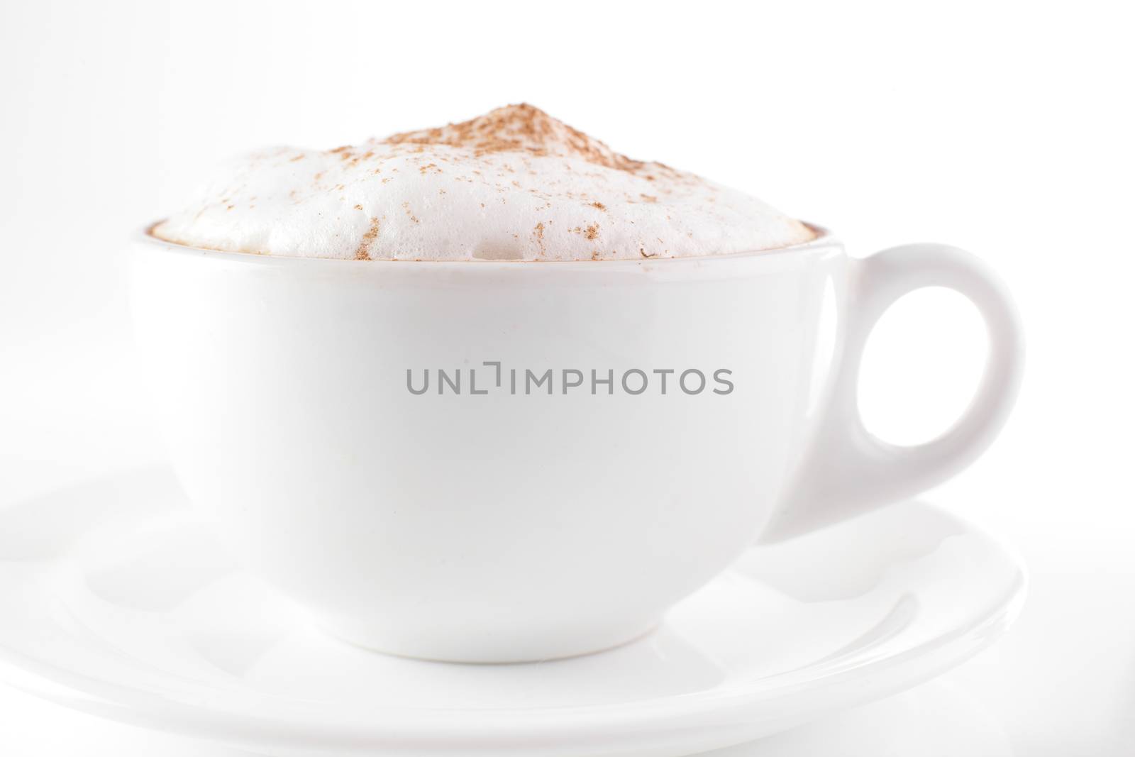 white cup of coffee on white background