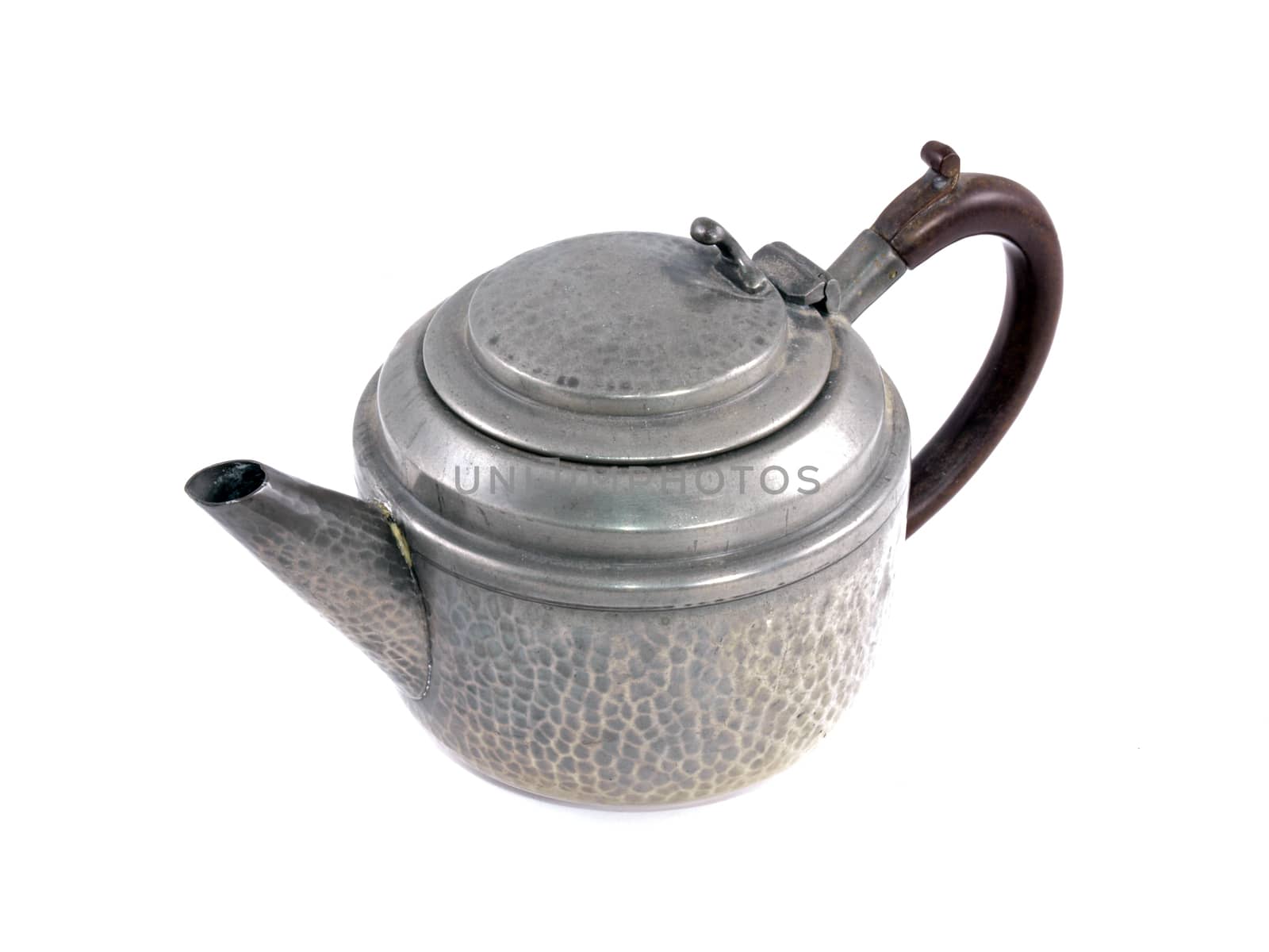 Pewter tea pot on a white background.