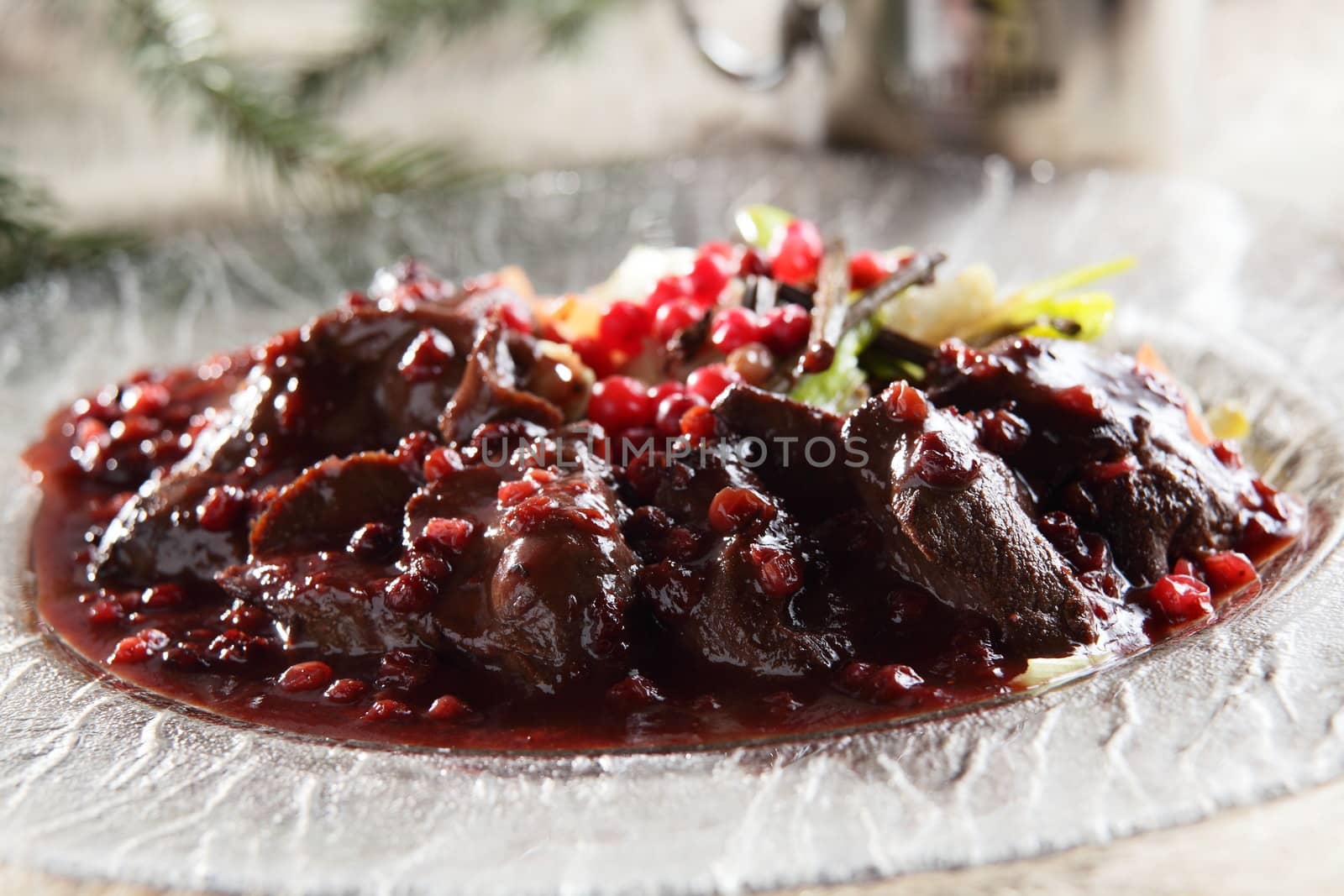 hot and tasty roasted meat on transparent dish