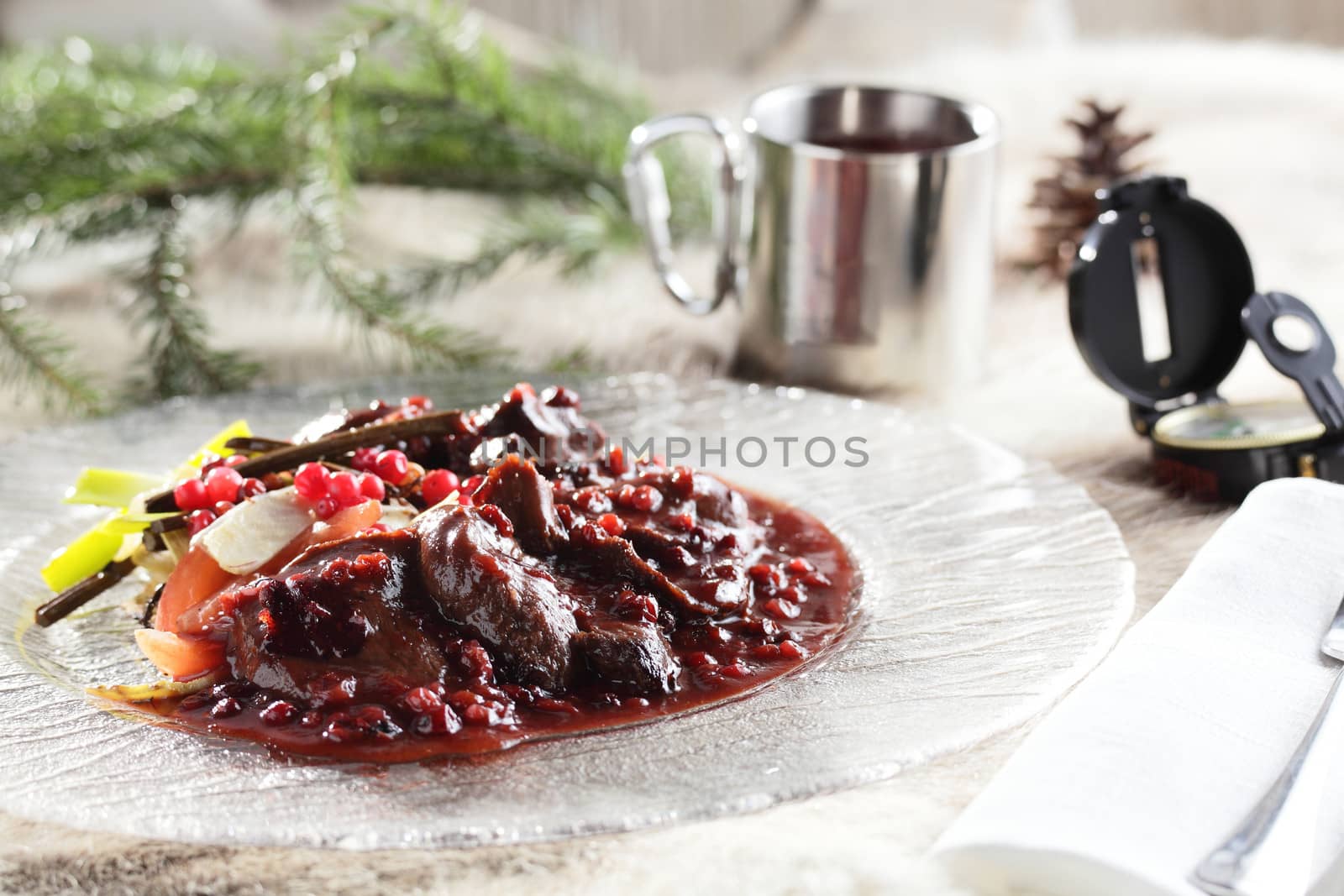 hot and tasty roasted meat on transparent dish