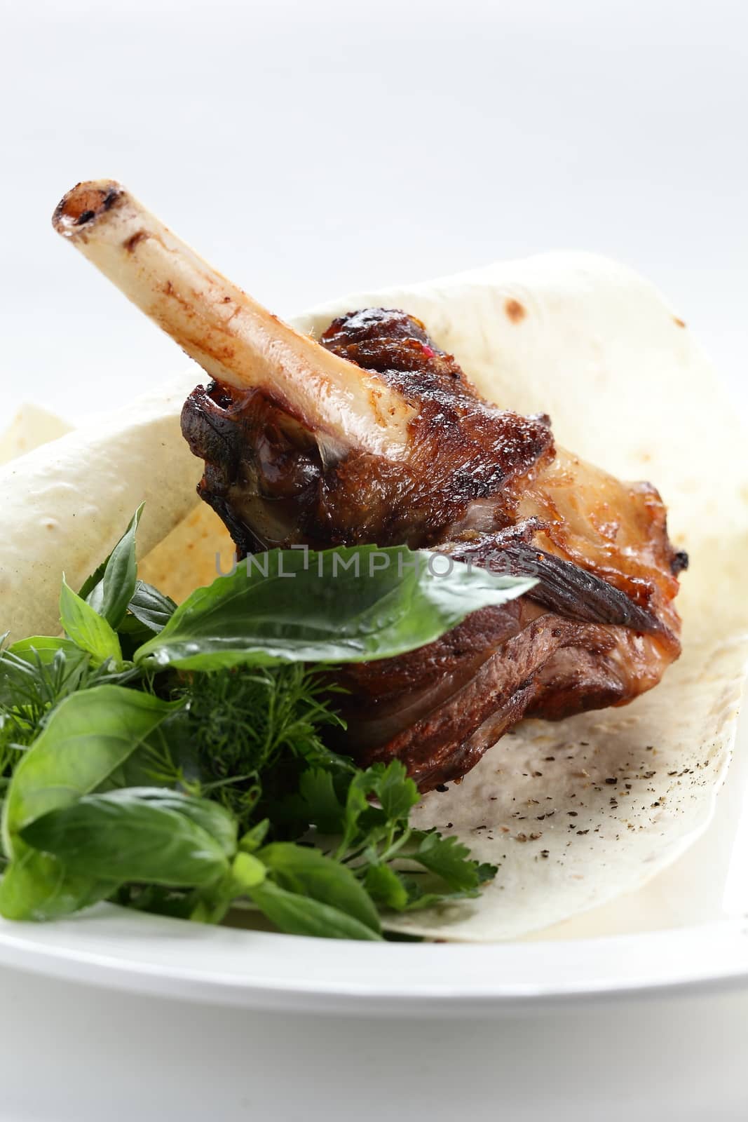 roasted meat on white dish by fiphoto