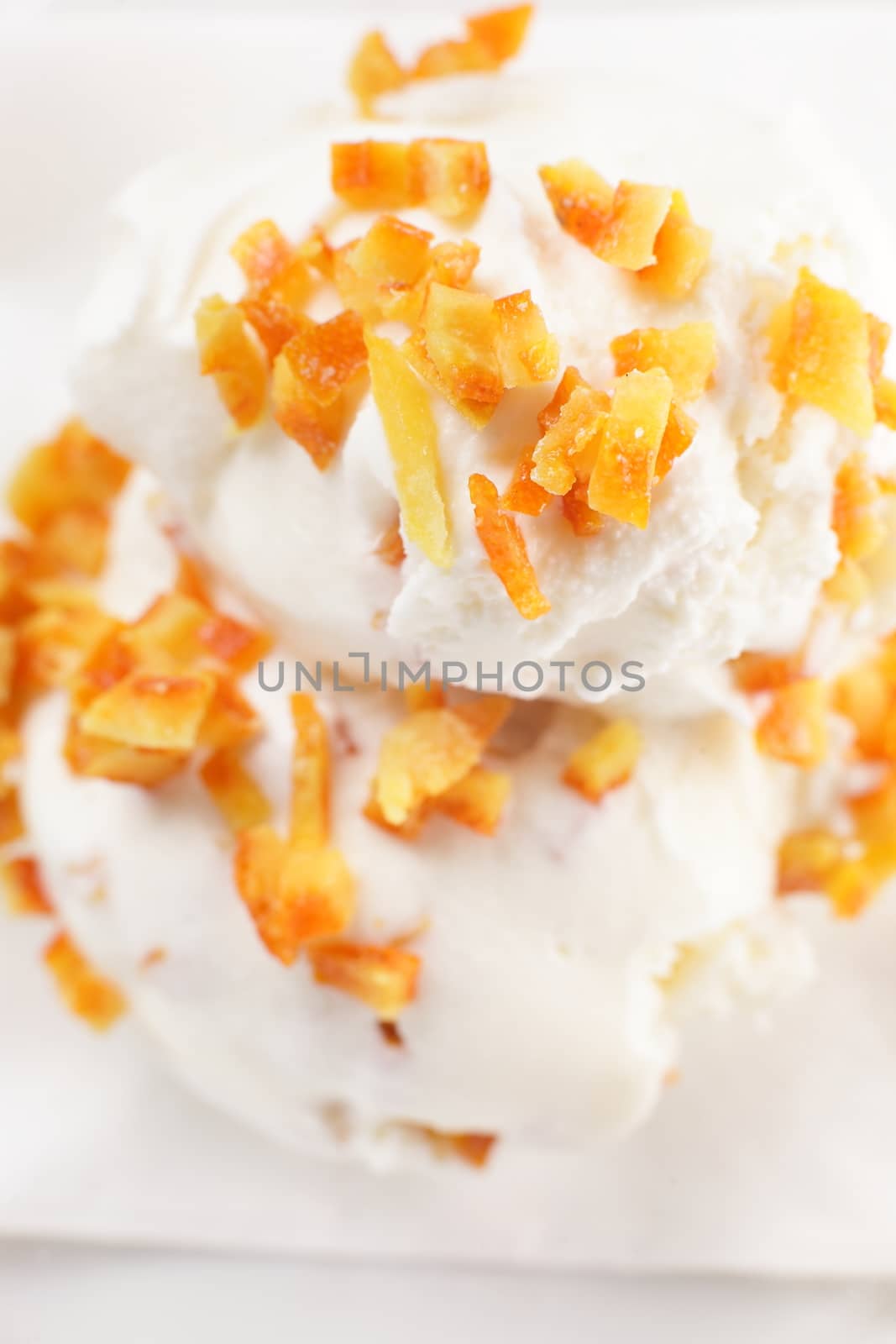 cold and fresh ice cream on transparent dish and white background