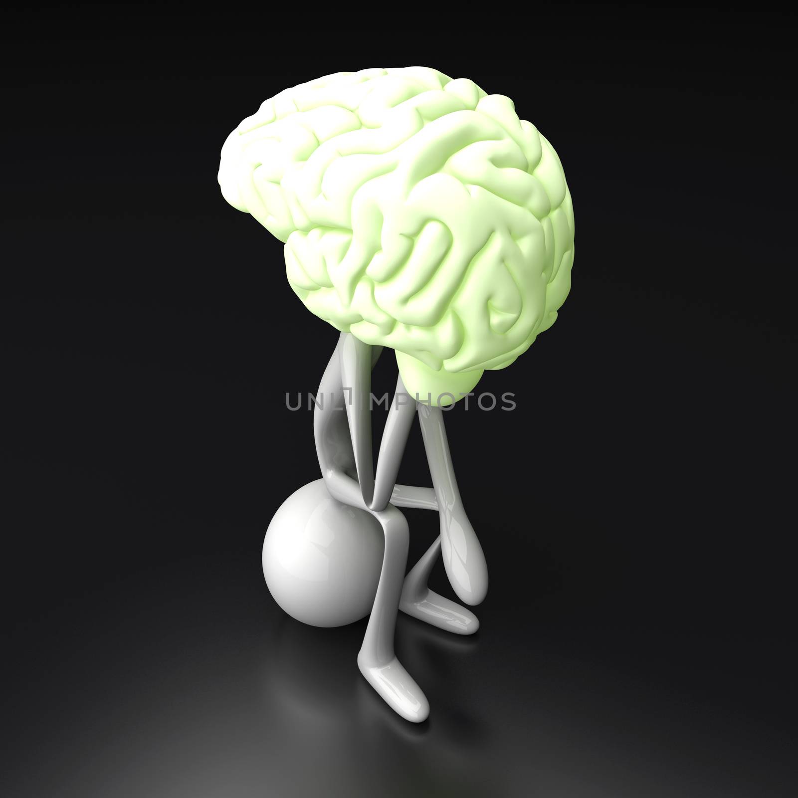 A cartoon figure con a huge brain. 3D rendered illustration. 