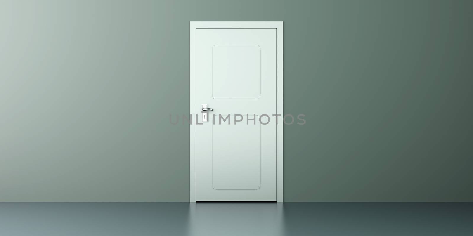 A closed door in a empty room. 3D rendered illustration.