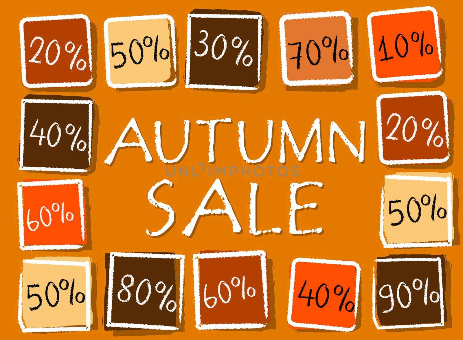autumn sale and different percentages - retro style orange label with text and squares, business seasonal concept
