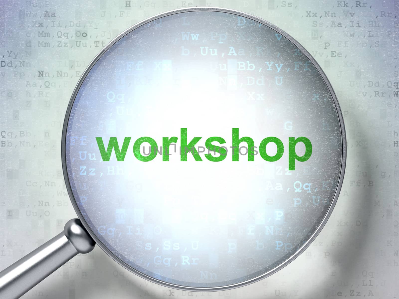 Magnifying optical glass with words Workshop on digital background, 3d render