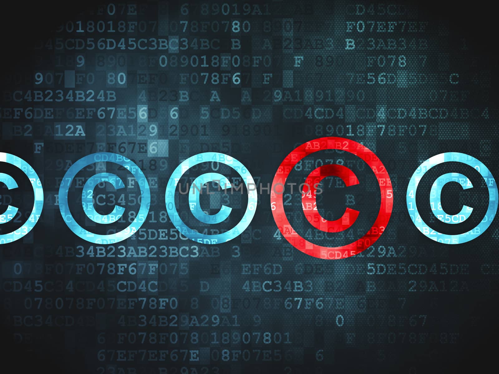 Law concept: pixelated Copyright icon on digital background, 3d render