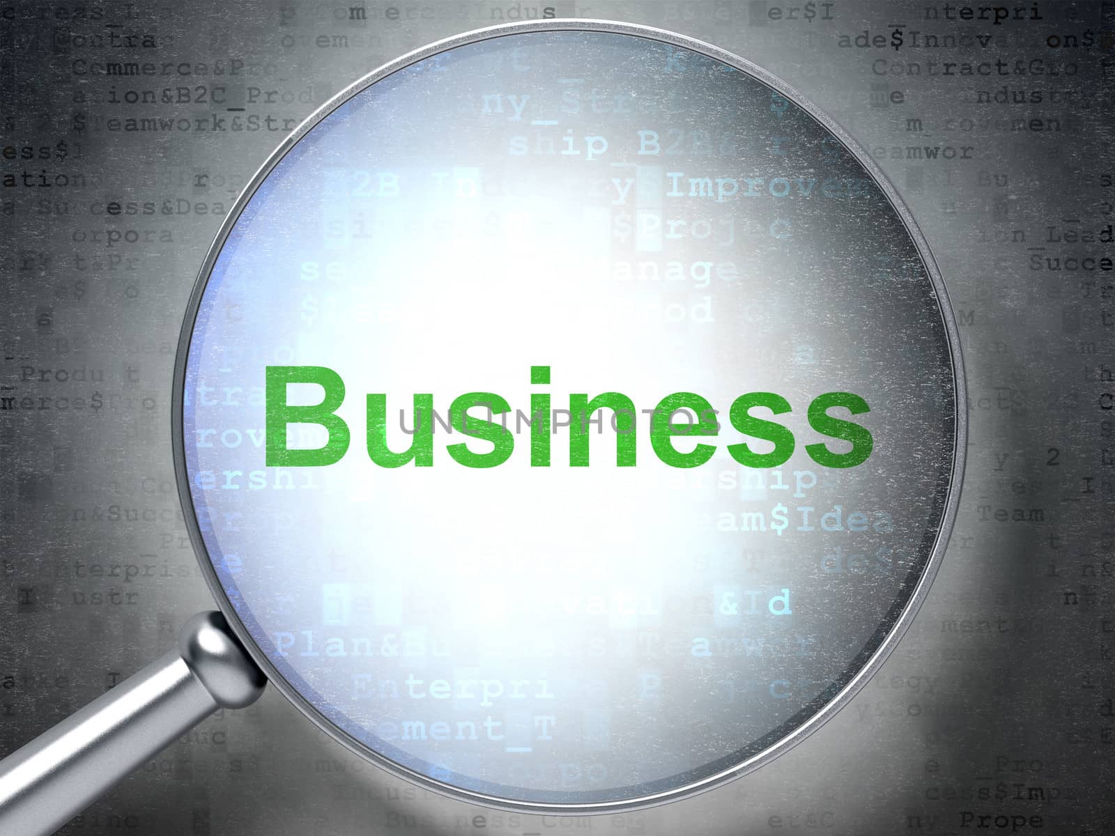 Magnifying optical glass with words Business on digital background, 3d render