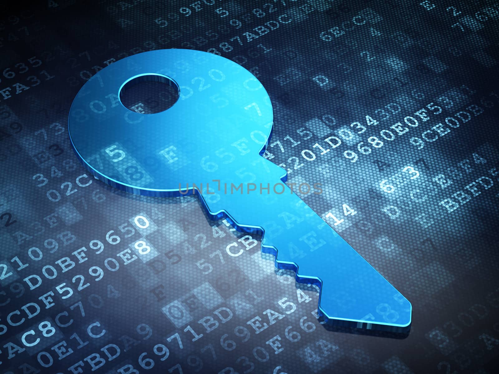 Protection concept: Blue Key on digital background, 3d render