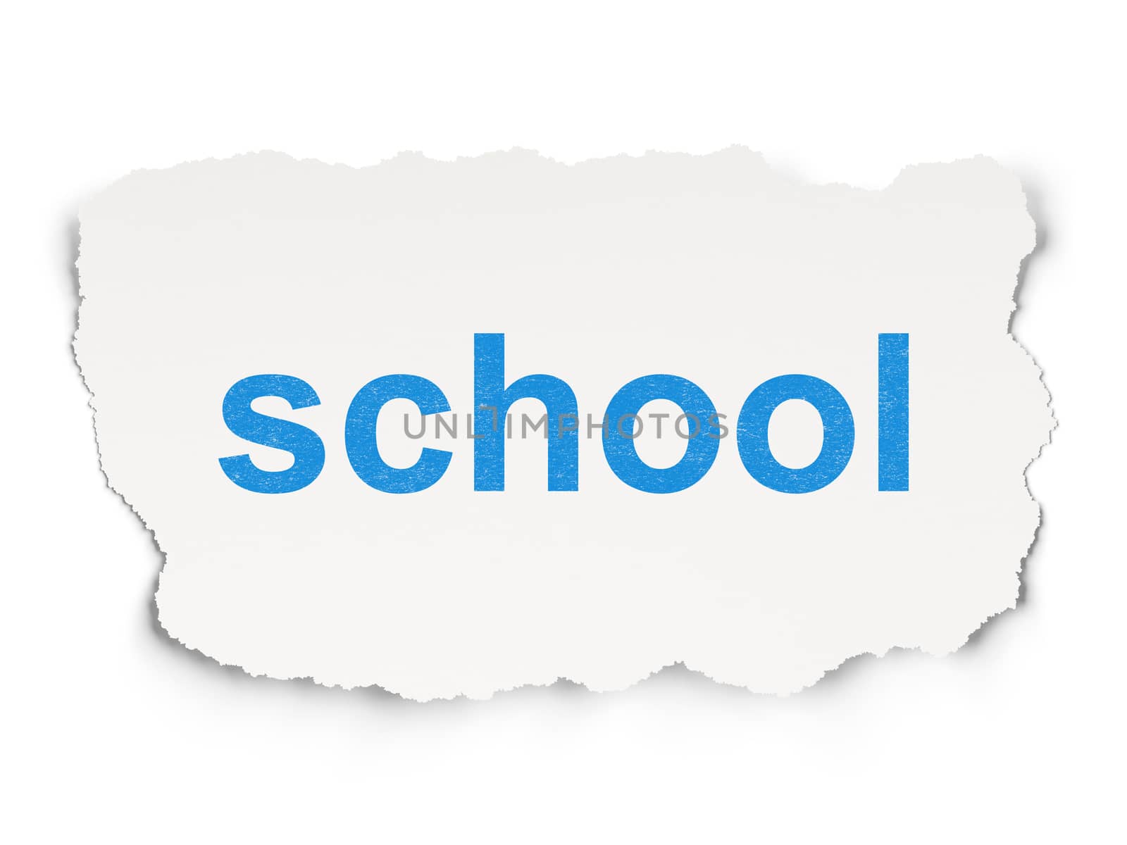 Education concept: torn paper with words School on Paper background, 3d render