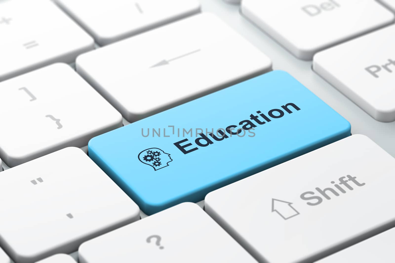Education concept: computer keyboard with Head With Gears icon and word Education, selected focus on enter button, 3d render